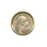 Medaille de berceau plaque laminee en argent Ø 5 cm livree avec rubans bleu et rose,  Vierge a l enfant couronnee de fleurs.