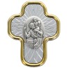 Plaque auto de Saint Christophe forme croix de couleur argentée et dorée. H. 5 x 4 cm.