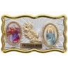 Plaque auto rectangle H. 3 x 6 cm de couleur argentée et dorée avec rose + 2 résines plusieurs Saints.