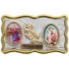 Plaque auto rectangle H. 3 x 6 cm de couleur argentée et dorée avec rose + 2 résines plusieurs Saints.