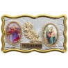 Plaque auto rectangle H. 3 x 6 cm de couleur argentée et dorée avec rose + 2 résines plusieurs Saints.