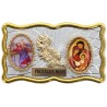 Plaque auto rectangle H. 3 x 6 cm de couleur argentée et dorée avec rose + 2 résines plusieurs Saints.