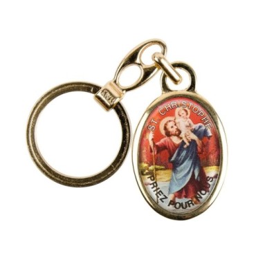 Porte-clés en métal couleur dorée H. 3,8 cm avec résine couleur des saints.