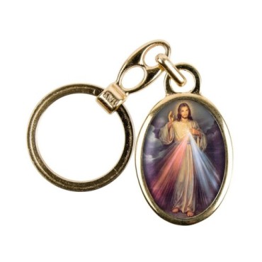 Porte-clés en métal couleur dorée H. 3,8 cm avec résine couleur des saints.