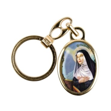 Porte-clés en métal couleur dorée H. 3,8 cm avec résine couleur des saints.