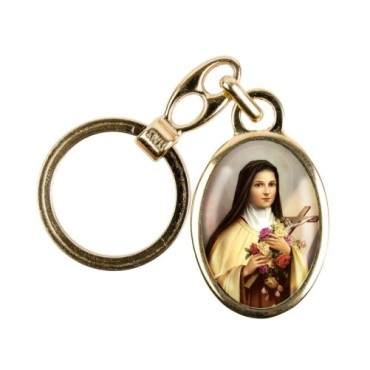 Porte-clés en métal couleur dorée H. 3,8 cm avec résine couleur des saints.