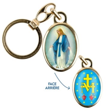 Porte-clés en métal couleur dorée H. 3,8 cm avec résine couleur des saints.