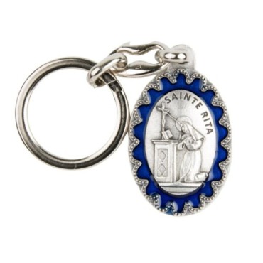 Porte-clés H. 3,8 cm en métal émaillé bleu, plusieurs saints.