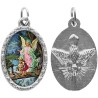 Médaille métal de couleur argentée ovale avec rebord effet dentelle H.2,5 cm avec résine. Disponible avec différents Saints.