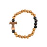 Bracelet sur elastique grains bois et grains noir en verre, Ø 8 mm, avec croix de Taux bois