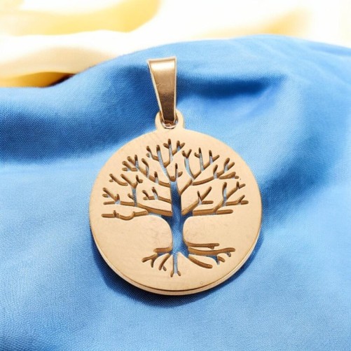 Médaille avec l'arbre de vie ajouré en acier inoxydable de couleur doré, Ø 1.9 cm.
