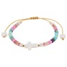 Bracelet sur corde réglable grains de forme cylindrique avec croix et coeur en coquille naturelle.