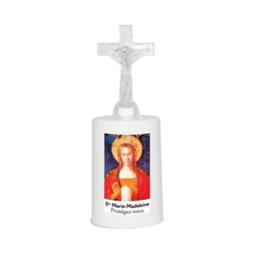 Lumignon blanc a piles H. 13,5 cm avec croix, plusieurs saints