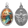 Médaille métal de couleur argentée ovale avec rebord effet dentelle H.2,5 cm avec résine. Disponible avec différents Saints.
