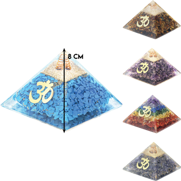 Pyramide Orgonite avec symbole OM, L. 8 cm. Plusieurs pierres.