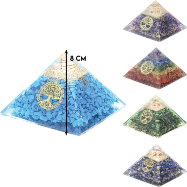 Pyramide Orgonite avec arbre de vie, L. 8 cm. Plusieurs pierres.