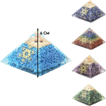 Pyramide Orgonite avec symbole metatron, L. 6 cm. Plusieurs pierres.