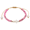 Bracelet sur corde réglable grains de forme cylindrique avec croix et coeur en coquille naturelle.