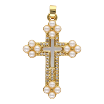 Croix de cou dorée supérieur avec imitation perle, H. 3.4 cm.