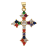 Croix de cou dorée supérieur avec zircons de couleur, H. 3.2 cm.