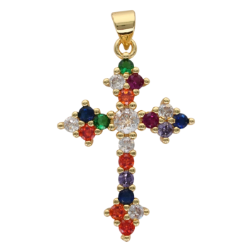 Croix de cou dorée supérieur avec zircons de couleur, H. 3.2 cm.