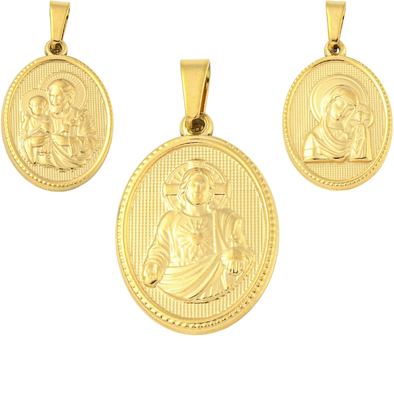 Médaille en acier inoxydable de couleur dorée, H. 2.1 cm. Existe avec différents Saints.