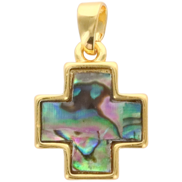 Croix de cou carrée en laiton de couleur doré et coquille d'ormeau, H. 1.3 cm.