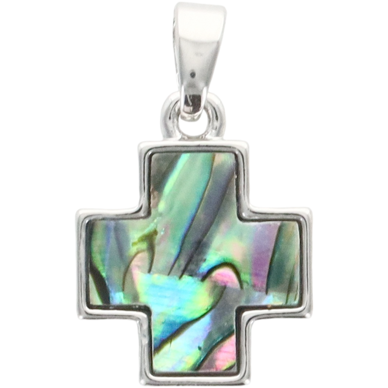 Croix de cou carr-eacute-e en laiton de couleur argent-eacute-e et coquille d--039-ormeau- H- 1-3 cm-