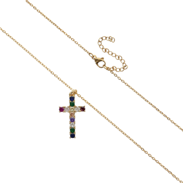Collier avec chaîne et croix avec des zircons de différentes couleurs H. 2.6 cm, en acier inoxydable, L 45 cm ajustable.