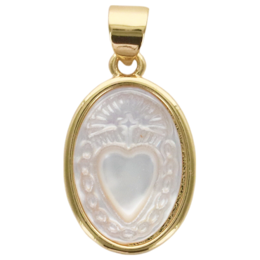Médaille ovale de L'Ex-Voto, couleur dorée supérieur et coquille naturelle, H. 1.7 cm.