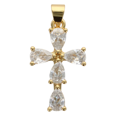 Croix de cou dorée supérieur avec zircons, H. 2.1 cm.