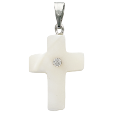 Croix de cou en coquille naturelle avec zircon au centre, H. 2 cm