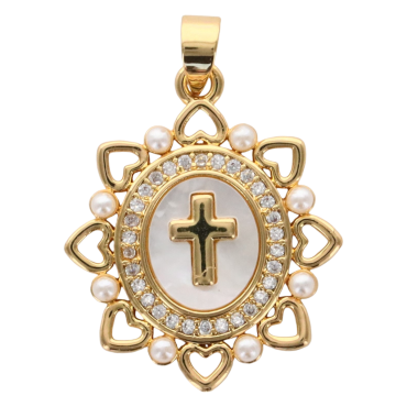 Médaille et croix dorée supérieure avec coquille naturelle, grains nacres blancs et zircons, Ø 2 cm.