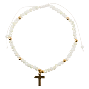 Bracelet sur corde r-eacute-glable grains blancs a facettes- -Oslash- 4 mm avec croix m-eacute-tal-