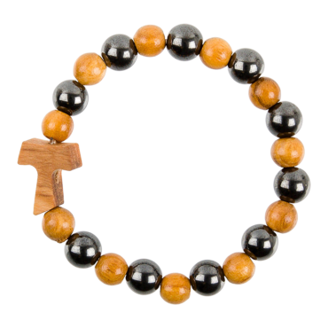 Bracelet dizainier sur --lastique pour enfant grains en h--matite et bois d--039-olivier -- 4 mm- avec croix de Tau-
