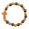 Bracelet dizainier sur --lastique pour enfant grains en h--matite et bois d--039-olivier -- 4 mm- avec croix de Tau-