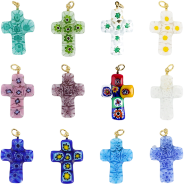 Pendentif croix en veritable verre de Murano H. 3 cm. Livre en boite.