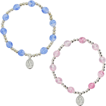 Bracelet dizainier sur élastique pour enfant avec grains œil de chat Ø 6 mm et médaille en métal de la Vierge Miraculeuse.
