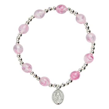 Bracelet dizainier sur élastique pour enfant avec grains œil de chat Ø 6 mm et médaille en métal de la Vierge Miraculeuse.