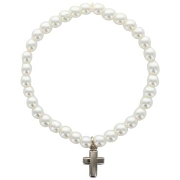 Bracelet sur -eacute-lastique grains rond en verre de couleur blanc- -Oslash- 6 mm avec une croix en m-eacute-tal-
