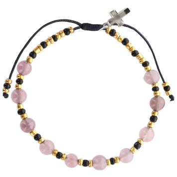 Bracelet dizainier réglable sur corde, grains en pierre 6 mm, croix en métal. Disponible en différentes pierres.