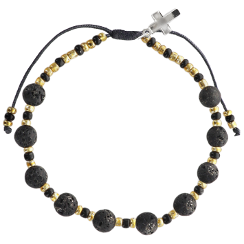 Bracelet dizainier réglable sur corde, grains en pierre 6 mm, croix en métal. Disponible en différentes pierres.