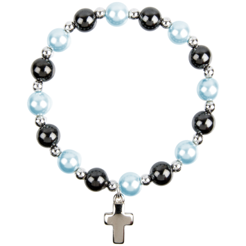 Bracelet sur elastique en hematite avec grains nacres Ø 8 mm, avec croix.