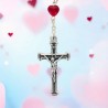 Chapelet grains en verre forme coeur Ø 6 mm sur chaine, croix avec Christ. Differentes couleur