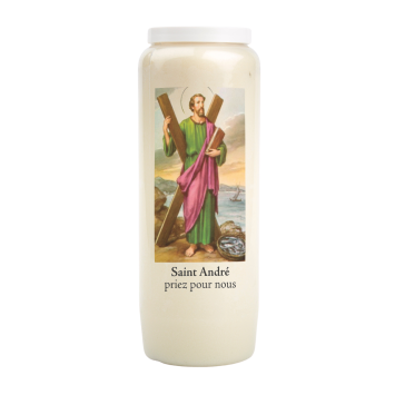 Bougie de neuvaine durée 9 jours 100% végétal avec autocollant classique et prière, hauteur 18 cm Ø 6,5 cm.