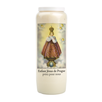 Bougie de neuvaine durée 9 jours 100% végétal avec autocollant classique et prière, hauteur 18 cm Ø 6,5 cm.