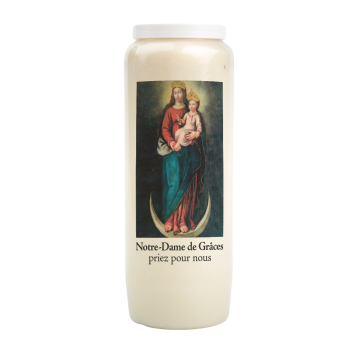 Bougie de neuvaine durée 9 jours 100% végétal avec autocollant classique et prière, hauteur 18 cm Ø 6,5 cm.