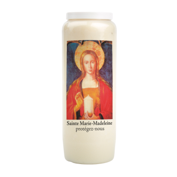 Bougie de neuvaine durée 9 jours 100% végétal avec autocollant classique et prière, hauteur 18 cm Ø 6,5 cm.