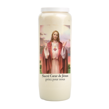Bougie de neuvaine durée 9 jours 100% végétal avec autocollant classique et prière, hauteur 18 cm Ø 6,5 cm.