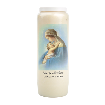 Bougie de neuvaine durée 9 jours 100% végétal avec autocollant classique et prière, hauteur 18 cm Ø 6,5 cm.